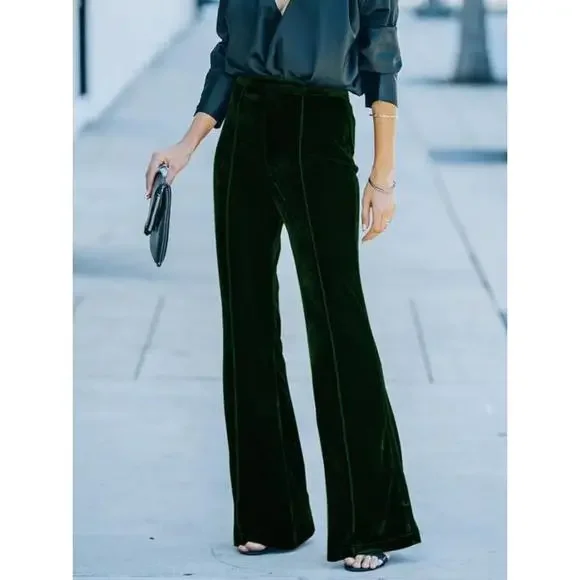 High Waist Velvet Flare Holiday Dressy Pants - Picture 8 of 15